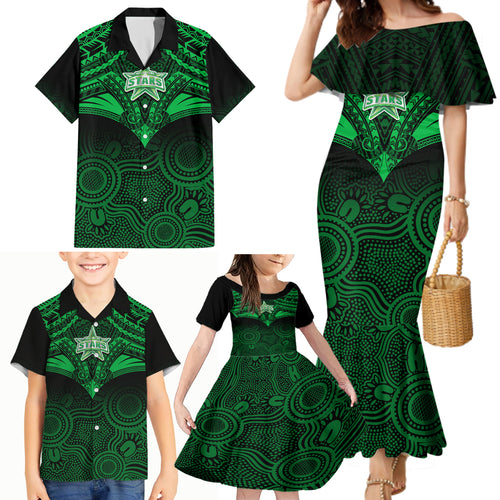 melbourne-stars-cricket-family-matching-mermaid-dress-and-hawaiian-shirt-2023-unique-indigenous-art-mix-polynesian-pattern
