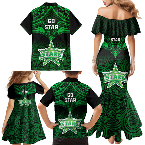 melbourne-stars-cricket-family-matching-mermaid-dress-and-hawaiian-shirt-2023-unique-indigenous-art-mix-polynesian-pattern