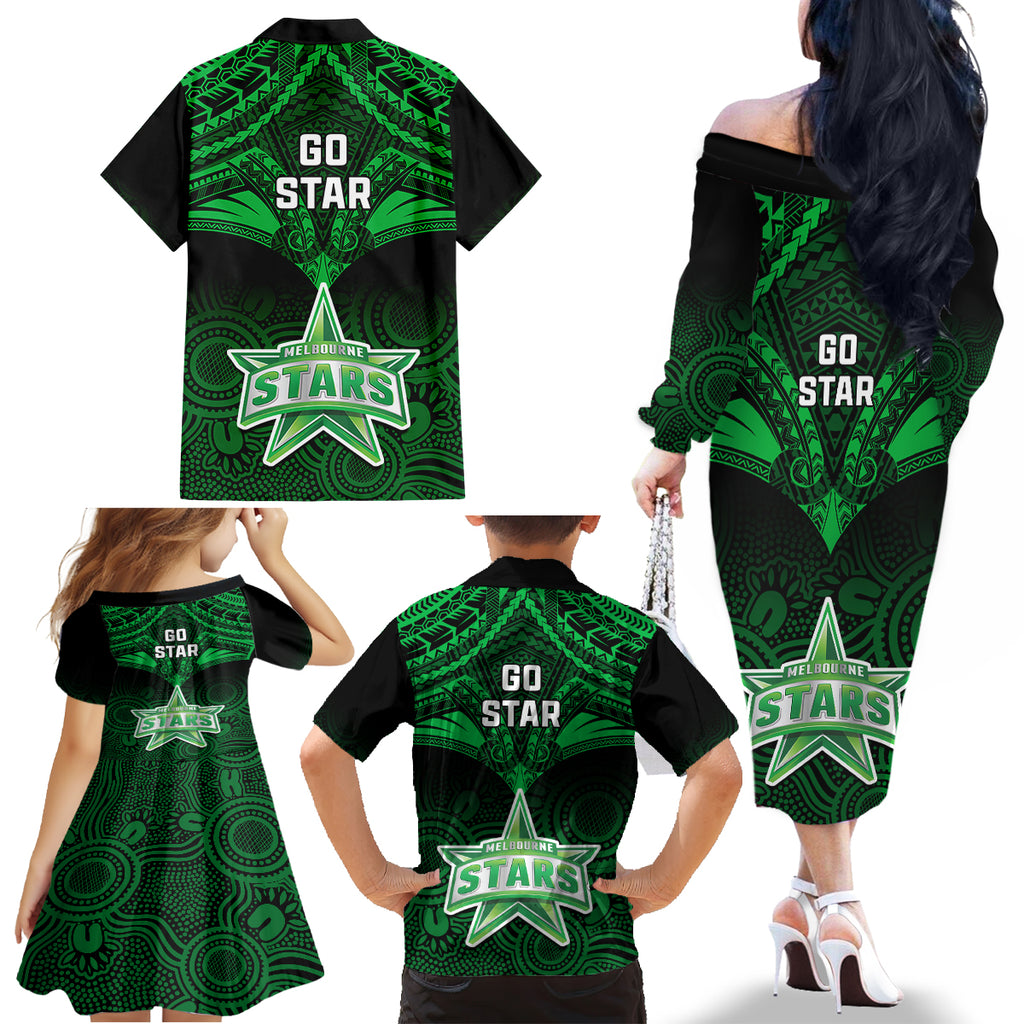 Melbourne Stars Cricket Family Matching Off Shoulder Long Sleeve Dress and Hawaiian Shirt 2023 Unique Indigenous Art Mix Polynesian Pattern LT14