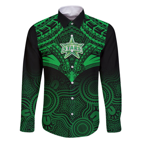 Melbourne Stars Cricket Family Matching Off Shoulder Long Sleeve Dress and Hawaiian Shirt 2023 Unique Indigenous Art Mix Polynesian Pattern LT14