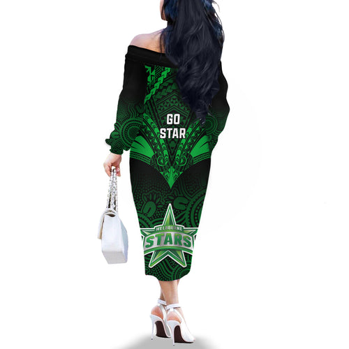 Melbourne Stars Cricket Family Matching Off Shoulder Long Sleeve Dress and Hawaiian Shirt 2023 Unique Indigenous Art Mix Polynesian Pattern LT14