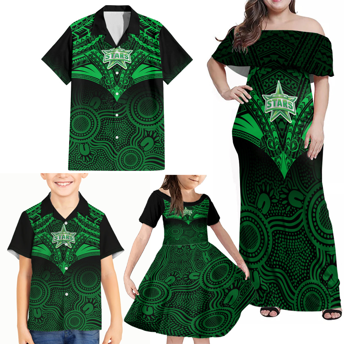 melbourne-stars-cricket-family-matching-off-shoulder-maxi-dress-and-hawaiian-shirt-2023-unique-indigenous-art-mix-polynesian-pattern