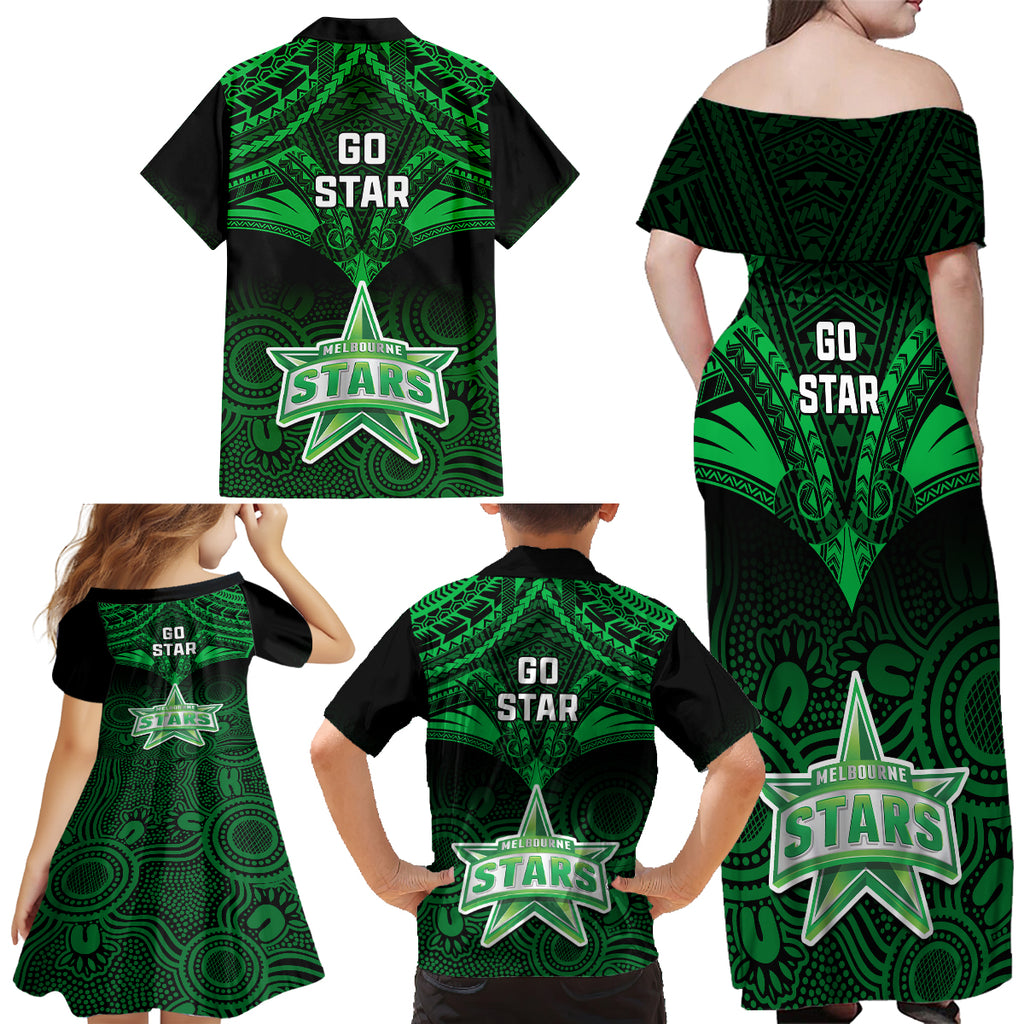 melbourne-stars-cricket-family-matching-off-shoulder-maxi-dress-and-hawaiian-shirt-2023-unique-indigenous-art-mix-polynesian-pattern