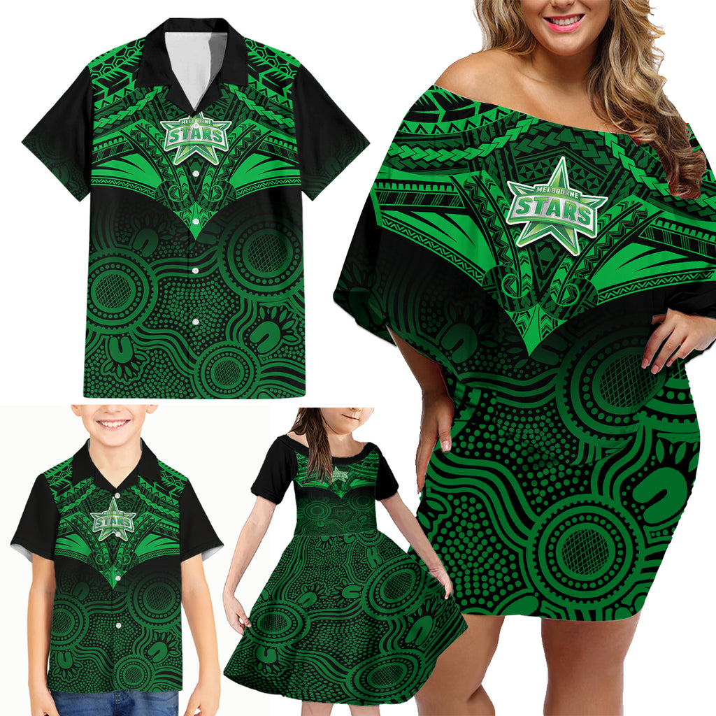 Melbourne Stars Cricket Family Matching Off Shoulder Short Dress and Hawaiian Shirt 2023 Unique Indigenous Art Mix Polynesian Pattern LT14