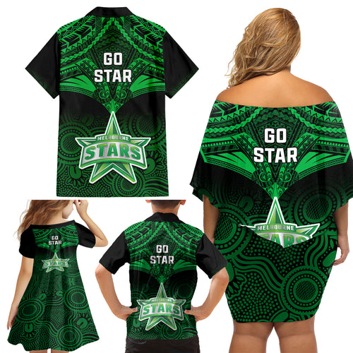 Melbourne Stars Cricket Family Matching Off Shoulder Short Dress and Hawaiian Shirt 2023 Unique Indigenous Art Mix Polynesian Pattern LT14