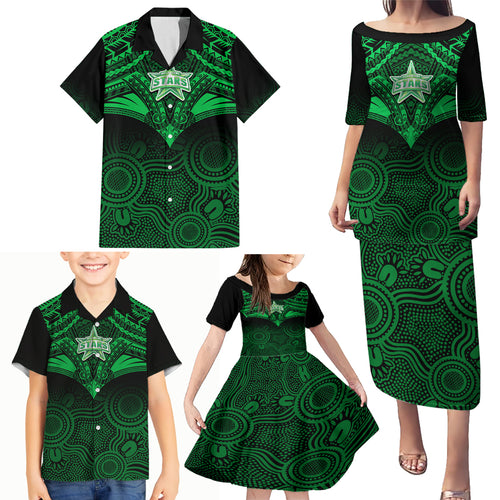melbourne-stars-cricket-family-matching-puletasi-dress-and-hawaiian-shirt-2023-unique-indigenous-art-mix-polynesian-pattern