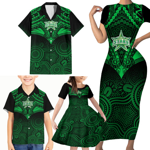 melbourne-stars-cricket-family-matching-short-sleeve-bodycon-dress-and-hawaiian-shirt-2023-unique-indigenous-art-mix-polynesian-pattern