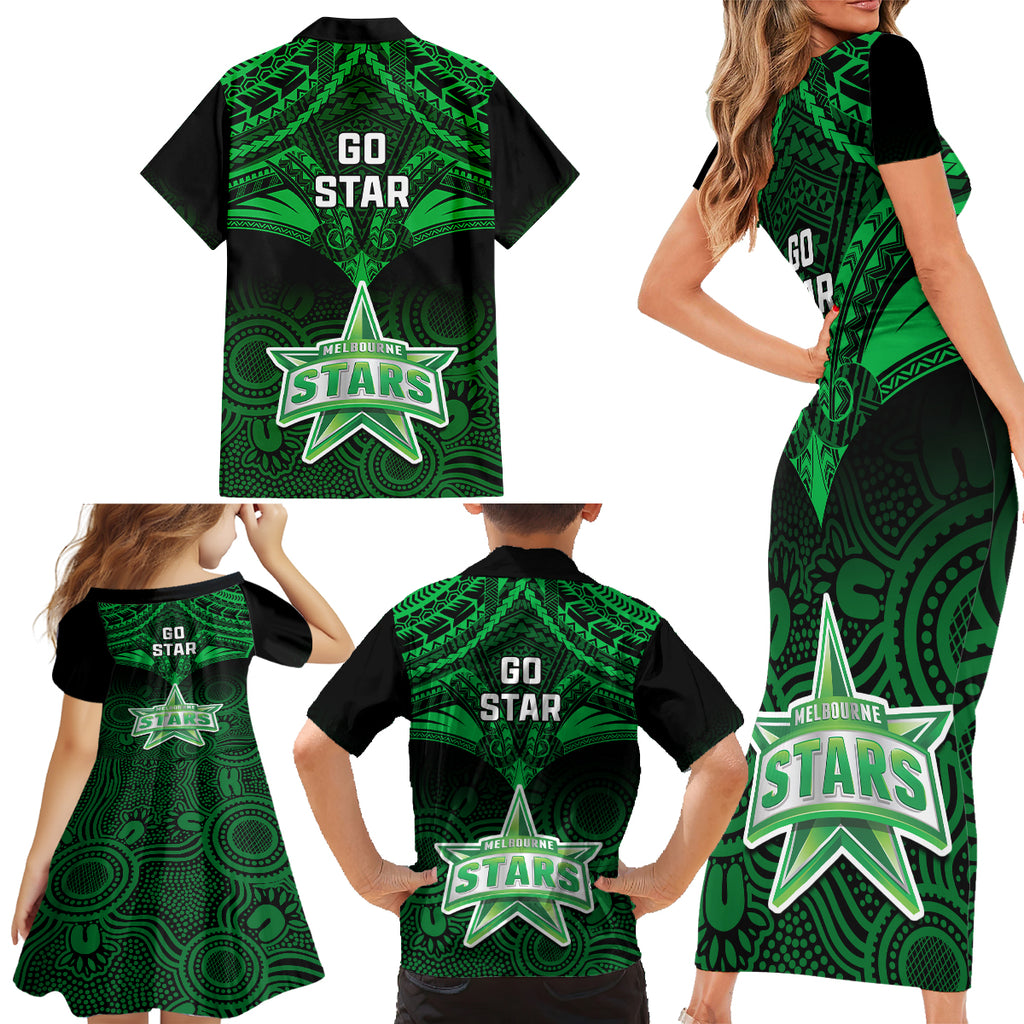 melbourne-stars-cricket-family-matching-short-sleeve-bodycon-dress-and-hawaiian-shirt-2023-unique-indigenous-art-mix-polynesian-pattern