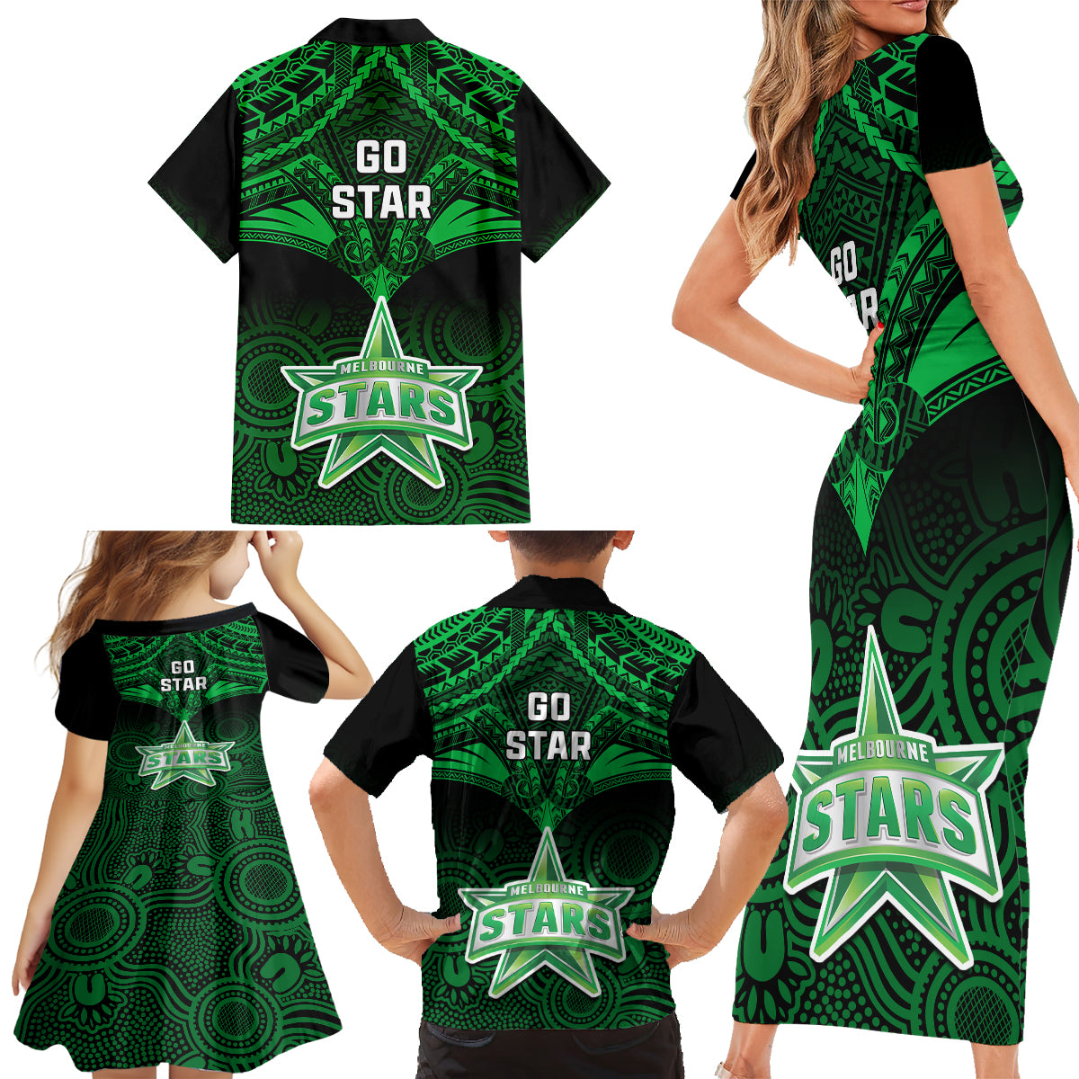 melbourne-stars-cricket-family-matching-short-sleeve-bodycon-dress-and-hawaiian-shirt-2023-unique-indigenous-art-mix-polynesian-pattern