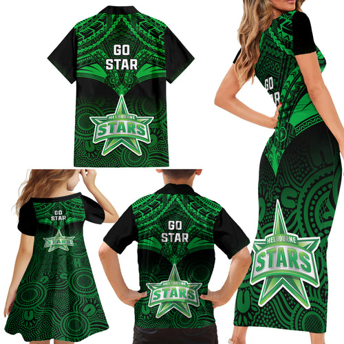 melbourne-stars-cricket-family-matching-short-sleeve-bodycon-dress-and-hawaiian-shirt-2023-unique-indigenous-art-mix-polynesian-pattern