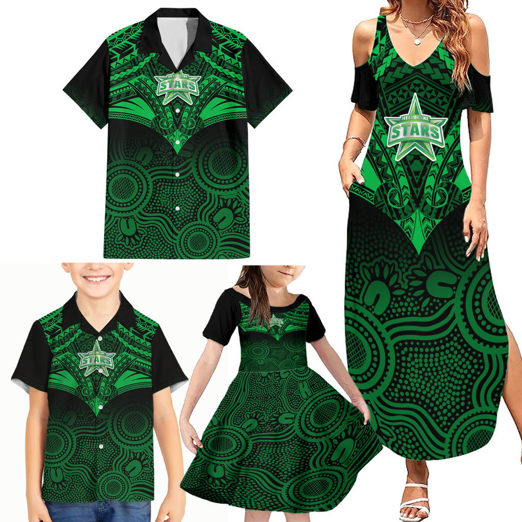 melbourne-stars-cricket-family-matching-summer-maxi-dress-and-hawaiian-shirt-2023-unique-indigenous-art-mix-polynesian-pattern