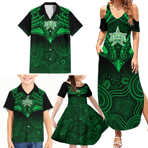 melbourne-stars-cricket-family-matching-summer-maxi-dress-and-hawaiian-shirt-2023-unique-indigenous-art-mix-polynesian-pattern