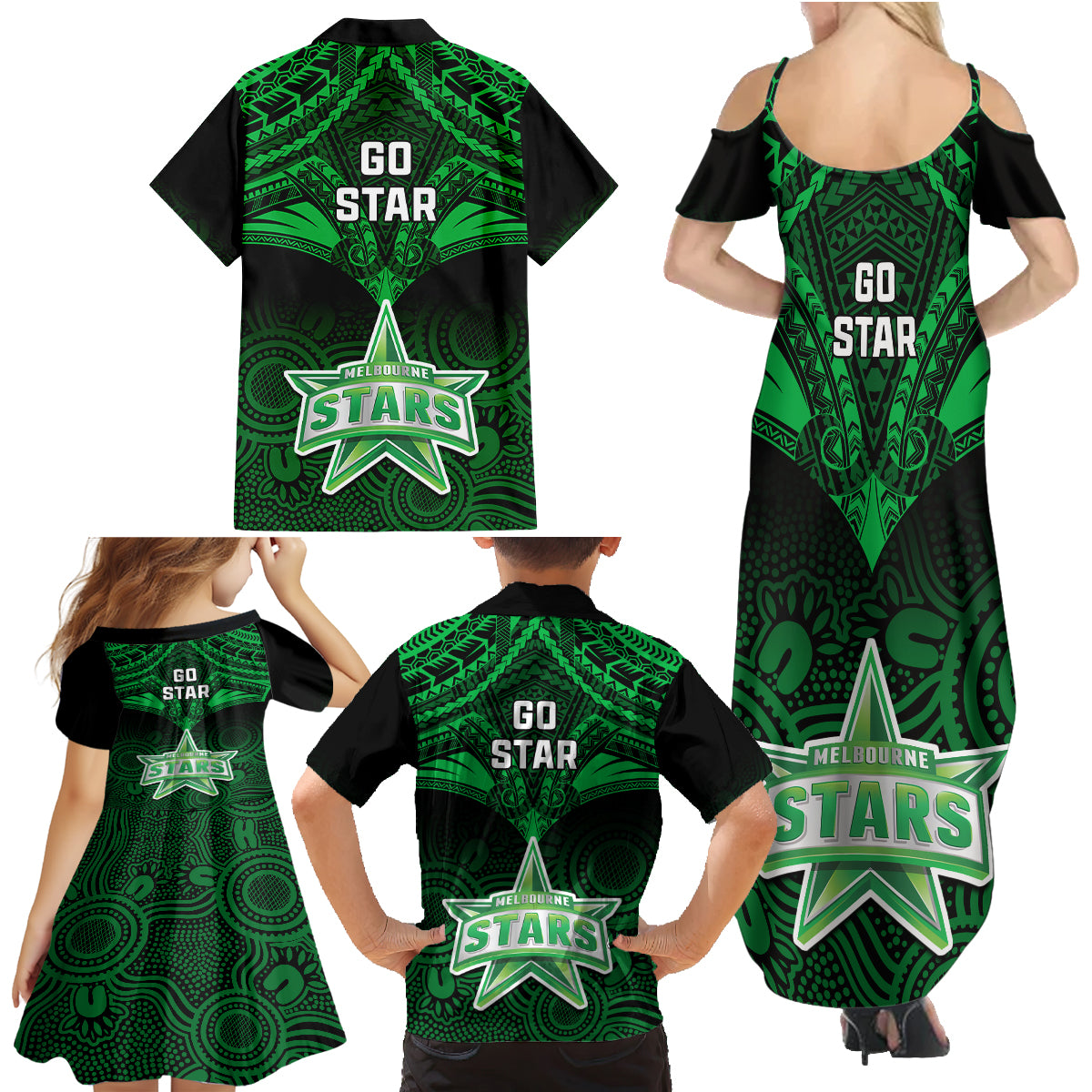 melbourne-stars-cricket-family-matching-summer-maxi-dress-and-hawaiian-shirt-2023-unique-indigenous-art-mix-polynesian-pattern