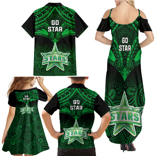 melbourne-stars-cricket-family-matching-summer-maxi-dress-and-hawaiian-shirt-2023-unique-indigenous-art-mix-polynesian-pattern