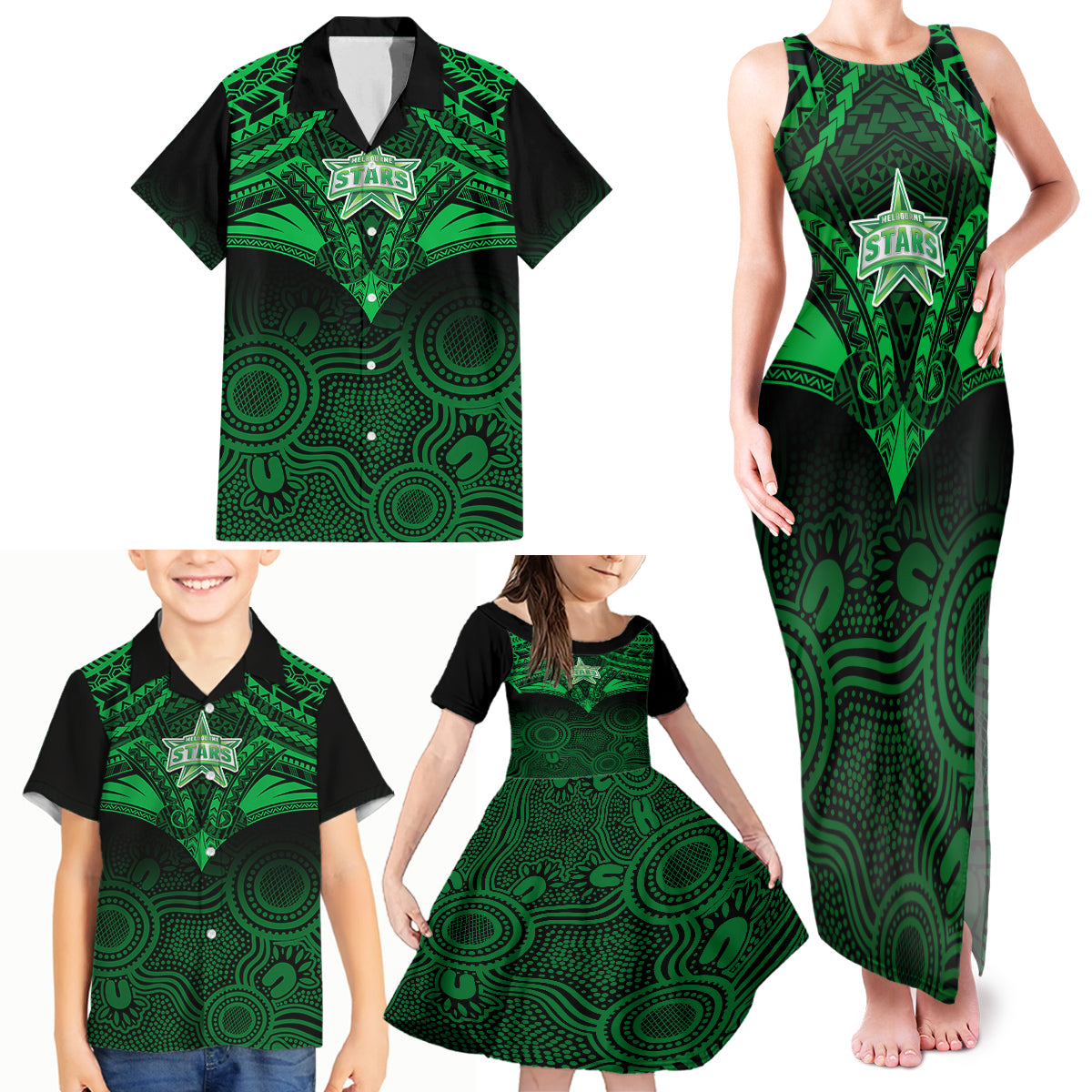 melbourne-stars-cricket-family-matching-tank-maxi-dress-and-hawaiian-shirt-2023-unique-indigenous-art-mix-polynesian-pattern