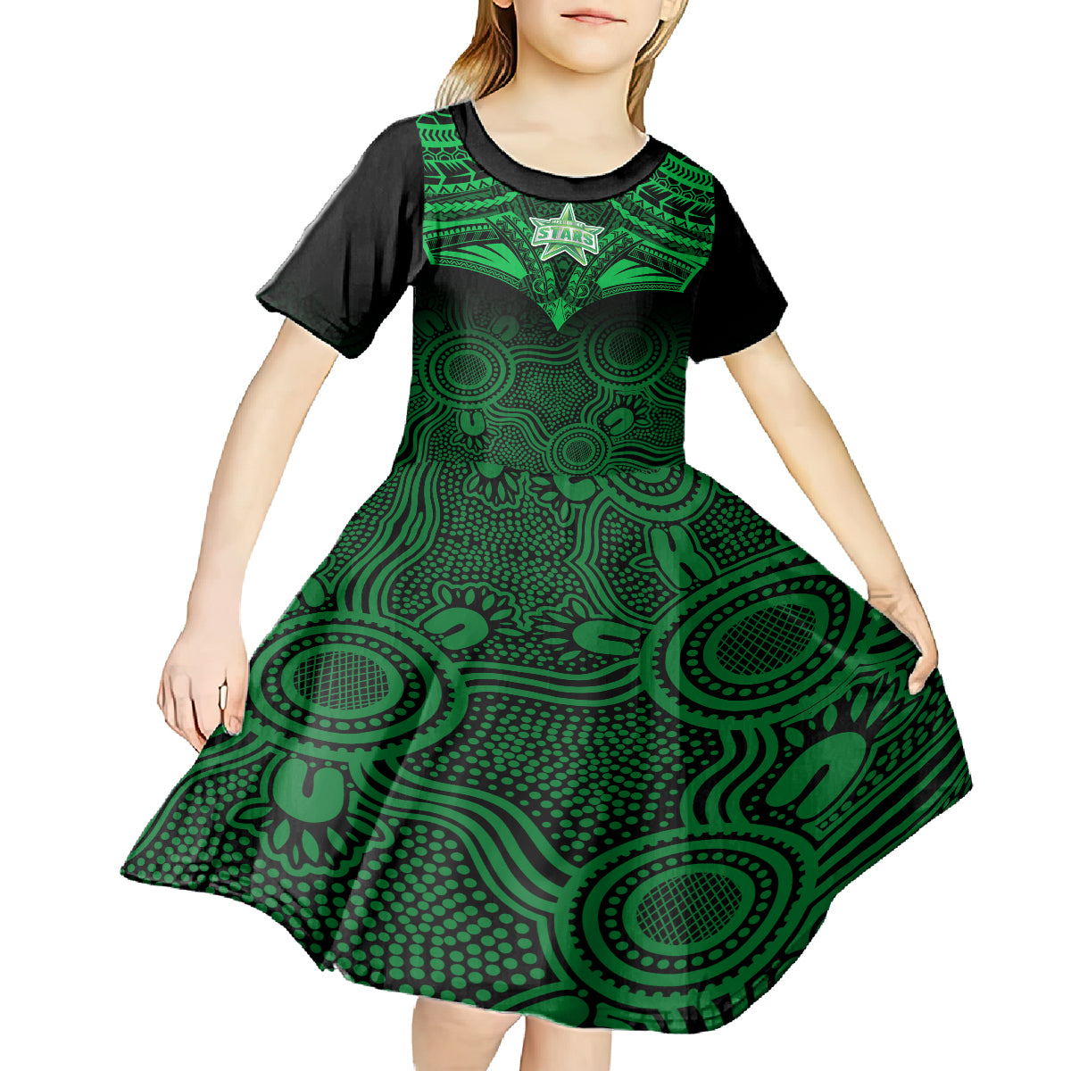 melbourne-stars-cricket-kid-short-sleeve-dress-2023-unique-indigenous-art-mix-polynesian-pattern