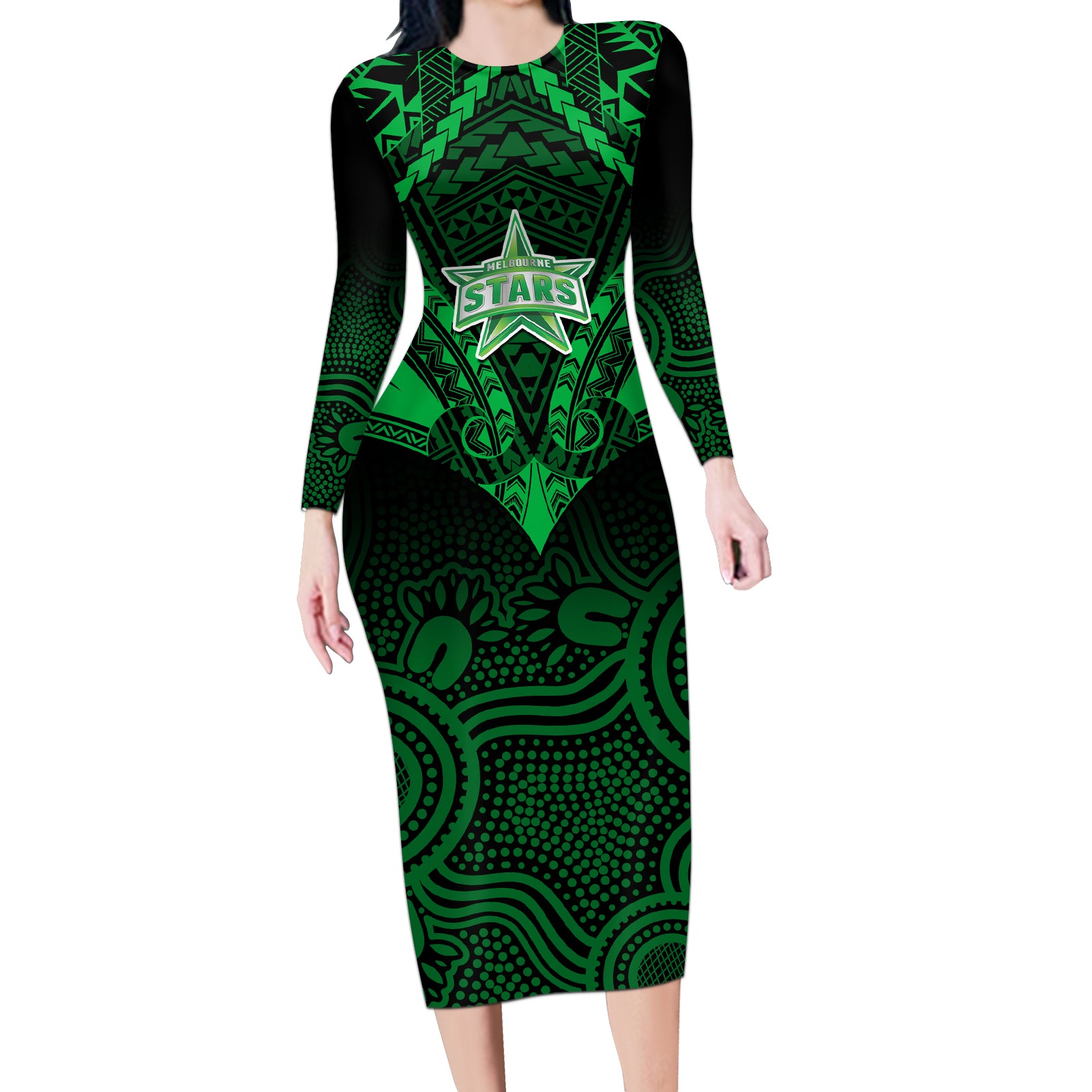 melbourne-stars-cricket-long-sleeve-bodycon-dress-2023-unique-indigenous-art-mix-polynesian-pattern