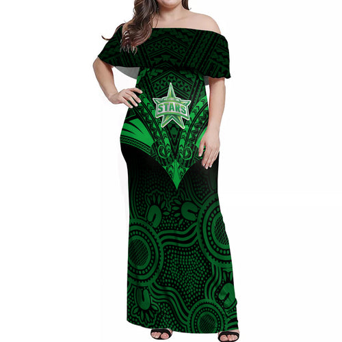 melbourne-stars-cricket-off-shoulder-maxi-dress-2023-unique-indigenous-art-mix-polynesian-pattern
