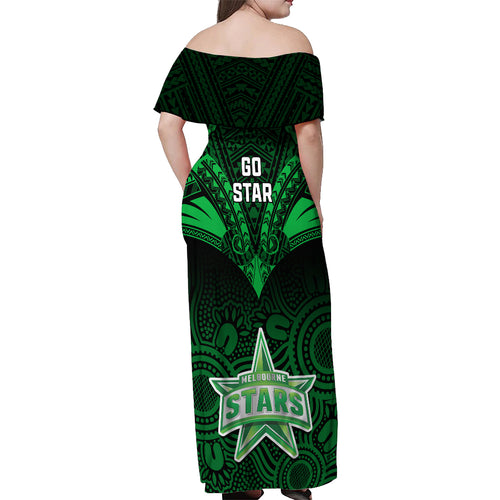 melbourne-stars-cricket-off-shoulder-maxi-dress-2023-unique-indigenous-art-mix-polynesian-pattern