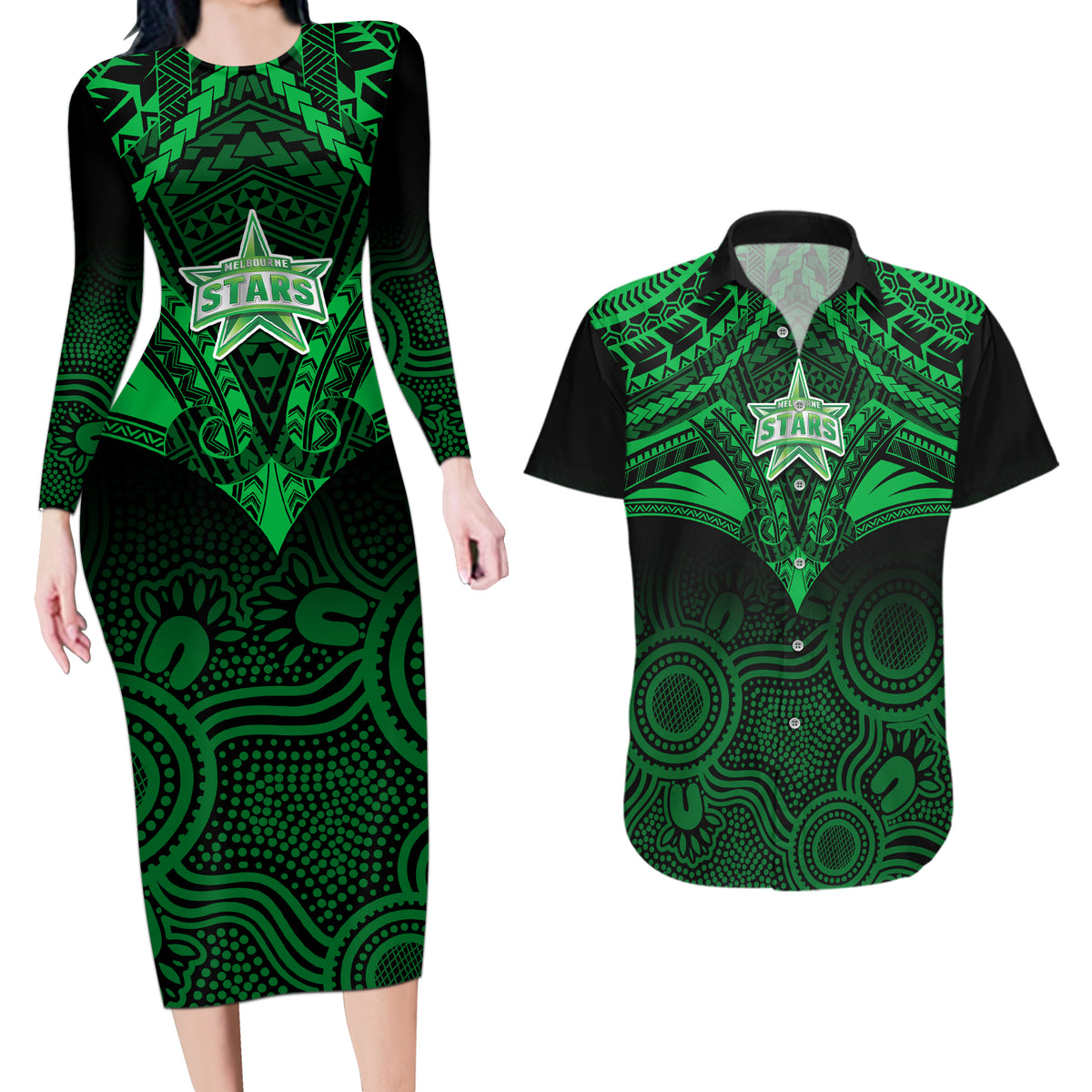 custom-melbourne-stars-cricket-couples-matching-long-sleeve-bodycon-dress-and-hawaiian-shirt-2023-unique-indigenous-art-mix-polynesian-pattern