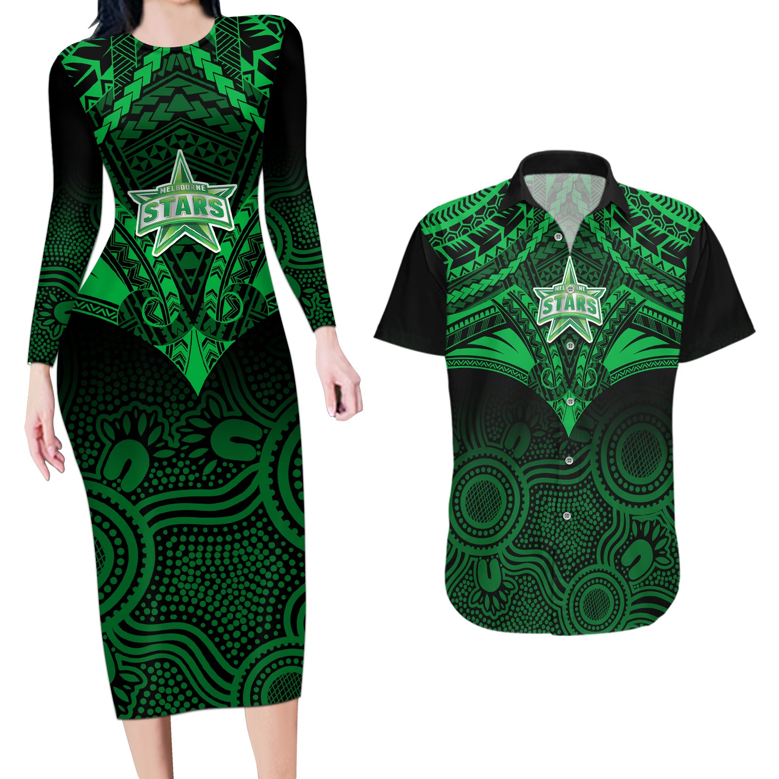 custom-melbourne-stars-cricket-couples-matching-long-sleeve-bodycon-dress-and-hawaiian-shirt-2023-unique-indigenous-art-mix-polynesian-pattern