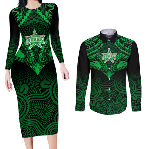 custom-melbourne-stars-cricket-couples-matching-long-sleeve-bodycon-dress-and-long-sleeve-button-shirts-2023-unique-indigenous-art-mix-polynesian-pattern