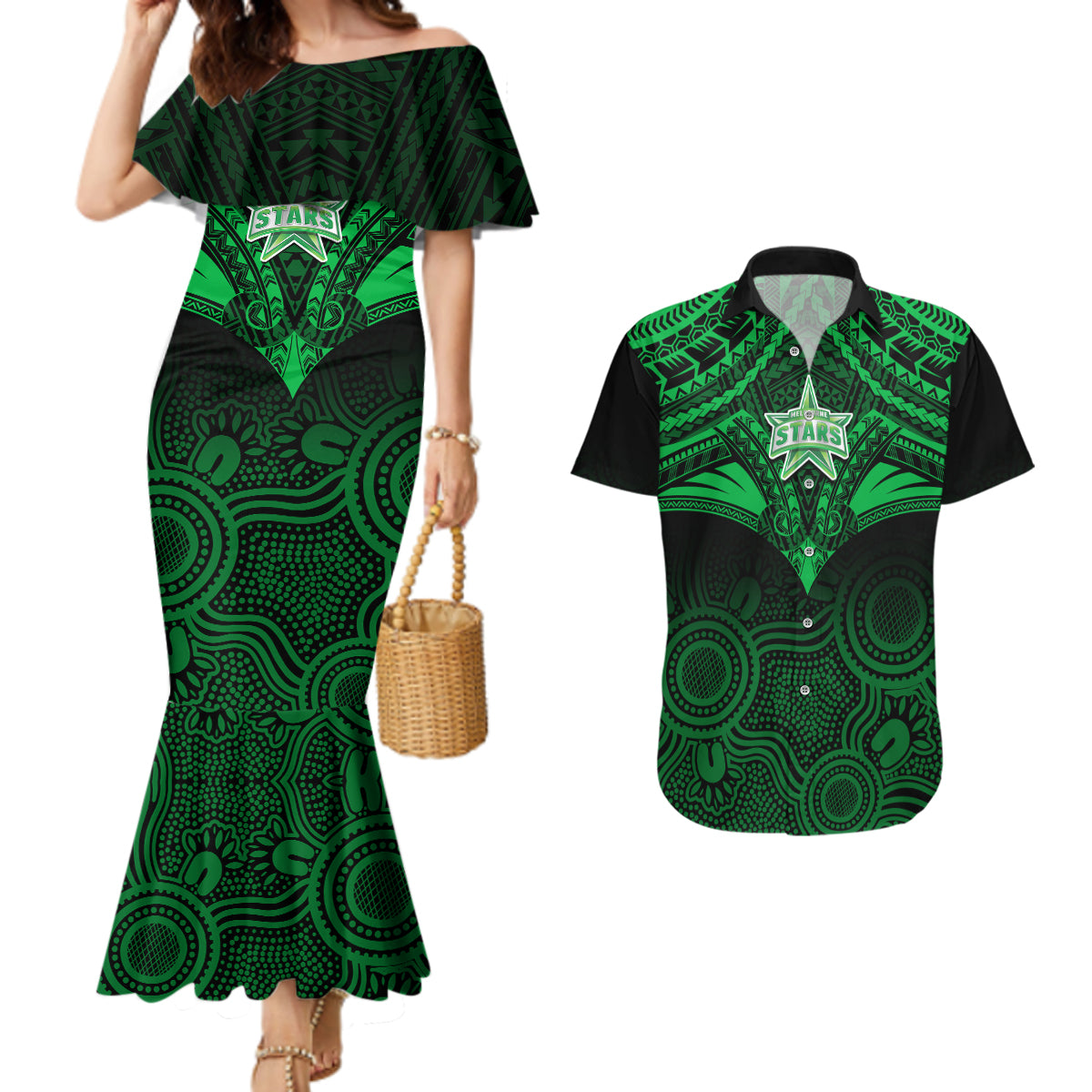 custom-melbourne-stars-cricket-couples-matching-mermaid-dress-and-hawaiian-shirt-2023-unique-indigenous-art-mix-polynesian-pattern