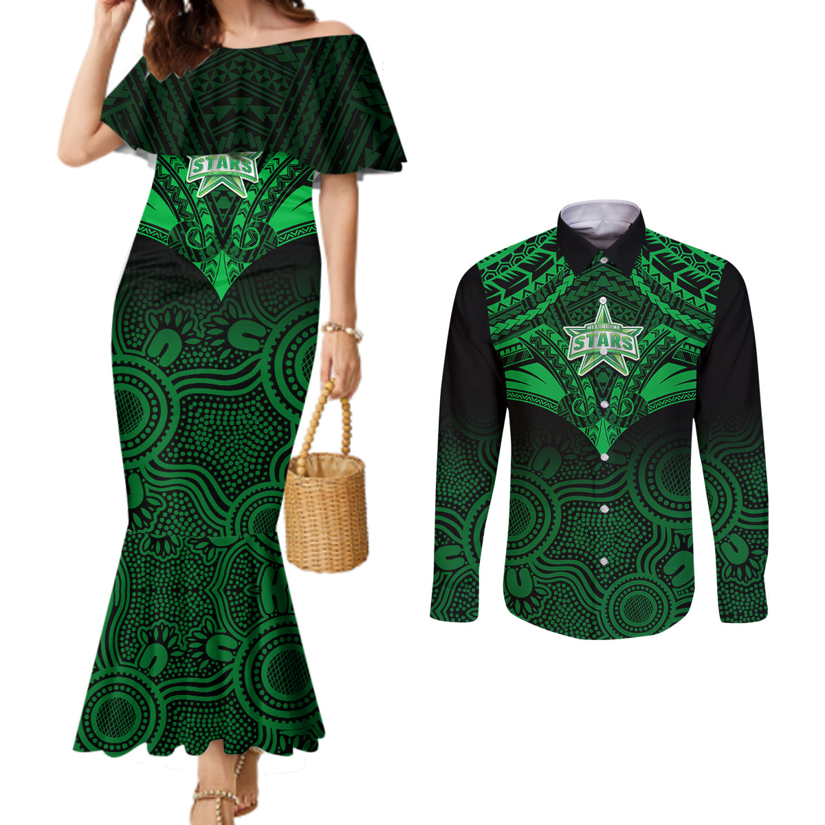 custom-melbourne-stars-cricket-couples-matching-mermaid-dress-and-long-sleeve-button-shirts-2023-unique-indigenous-art-mix-polynesian-pattern
