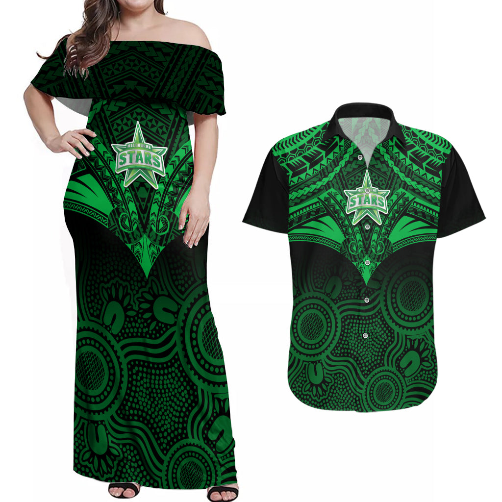custom-melbourne-stars-cricket-couples-matching-off-shoulder-maxi-dress-and-hawaiian-shirt-2023-unique-indigenous-art-mix-polynesian-pattern