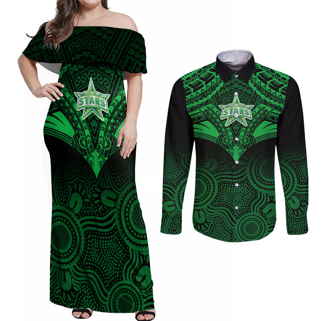 custom-melbourne-stars-cricket-couples-matching-off-shoulder-maxi-dress-and-long-sleeve-button-shirts-2023-unique-indigenous-art-mix-polynesian-pattern