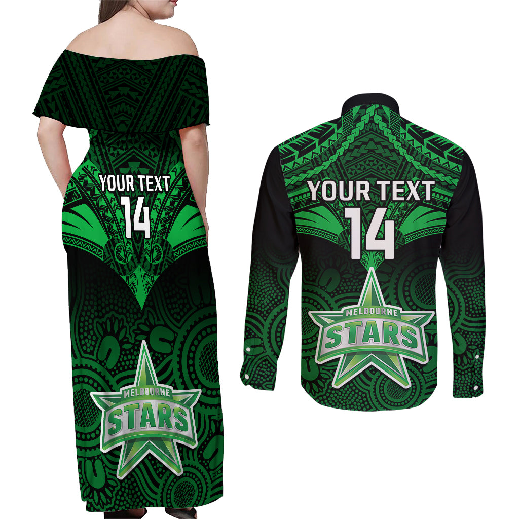 custom-melbourne-stars-cricket-couples-matching-off-shoulder-maxi-dress-and-long-sleeve-button-shirts-2023-unique-indigenous-art-mix-polynesian-pattern