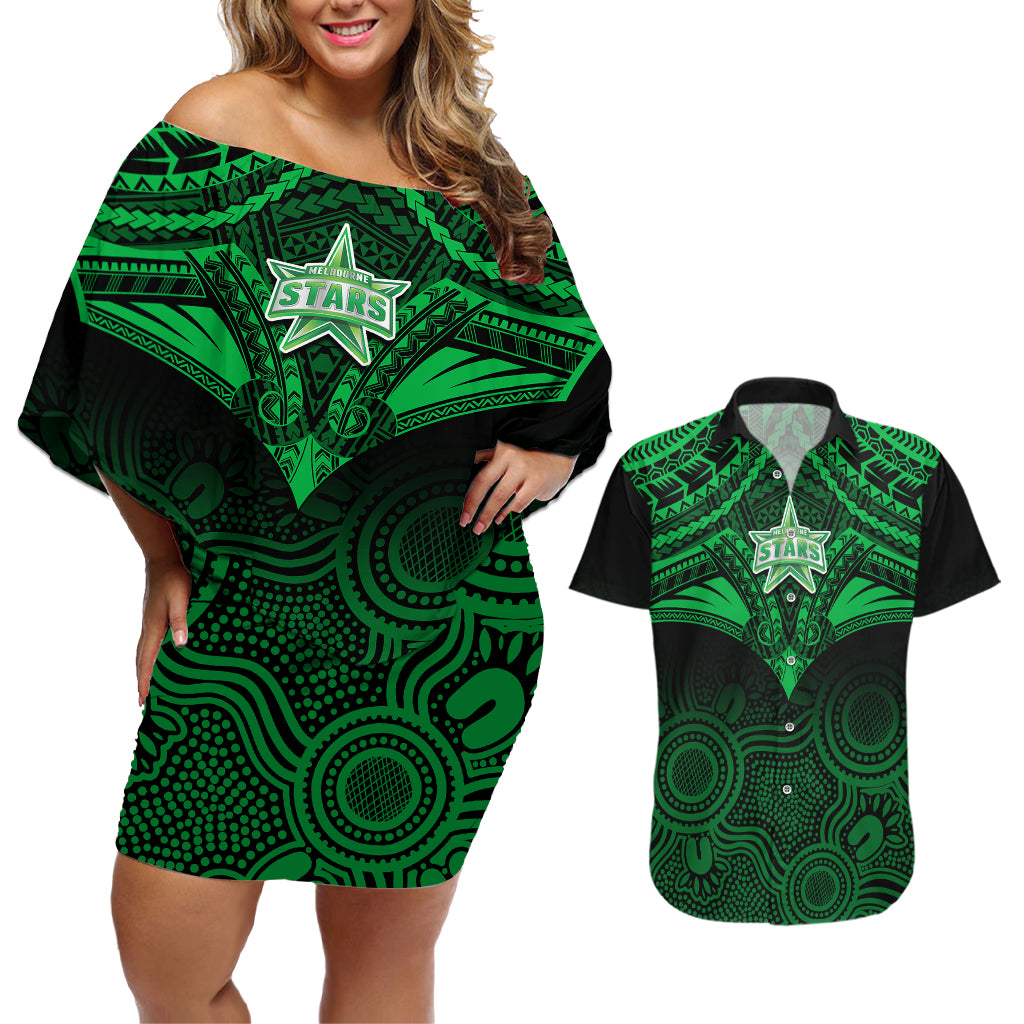 custom-melbourne-stars-cricket-couples-matching-off-shoulder-short-dress-and-hawaiian-shirt-2023-unique-indigenous-art-mix-polynesian-pattern