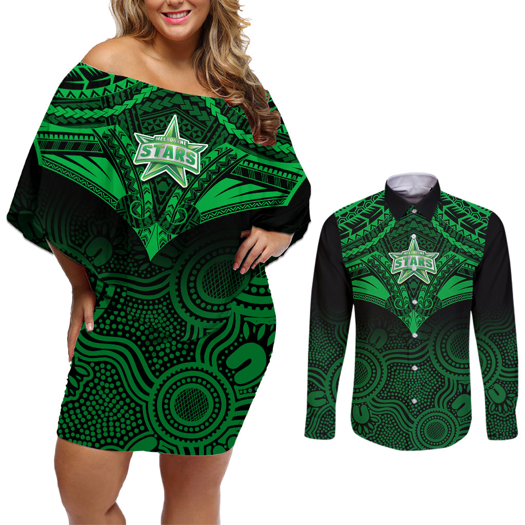 custom-melbourne-stars-cricket-couples-matching-off-shoulder-short-dress-and-long-sleeve-button-shirts-2023-unique-indigenous-art-mix-polynesian-pattern