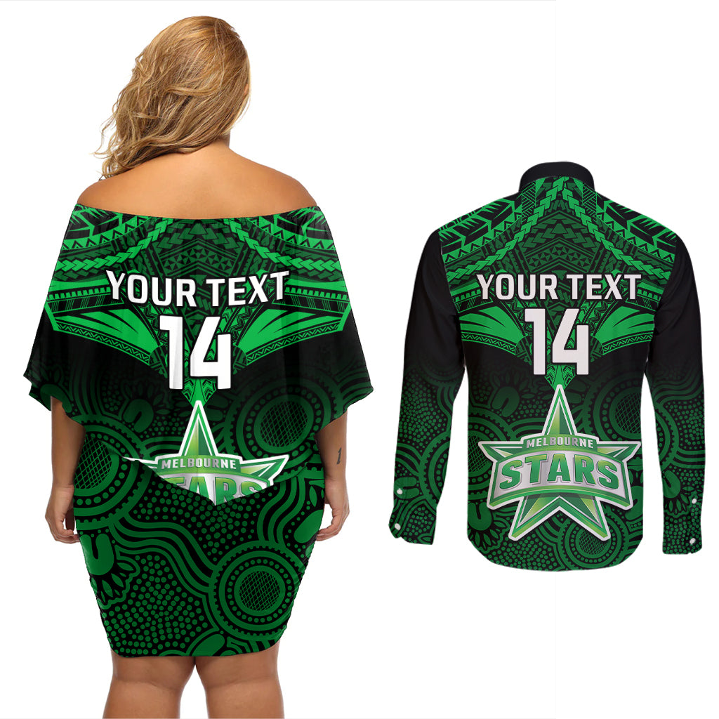 custom-melbourne-stars-cricket-couples-matching-off-shoulder-short-dress-and-long-sleeve-button-shirts-2023-unique-indigenous-art-mix-polynesian-pattern