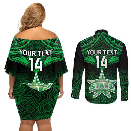 custom-melbourne-stars-cricket-couples-matching-off-shoulder-short-dress-and-long-sleeve-button-shirts-2023-unique-indigenous-art-mix-polynesian-pattern
