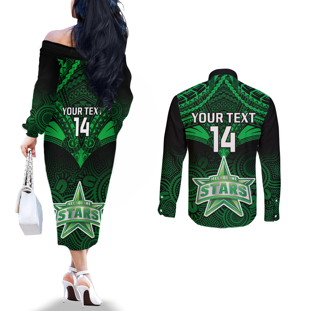 custom-melbourne-stars-cricket-couples-matching-off-the-shoulder-long-sleeve-dress-and-long-sleeve-button-shirts-2023-unique-indigenous-art-mix-polynesian-pattern