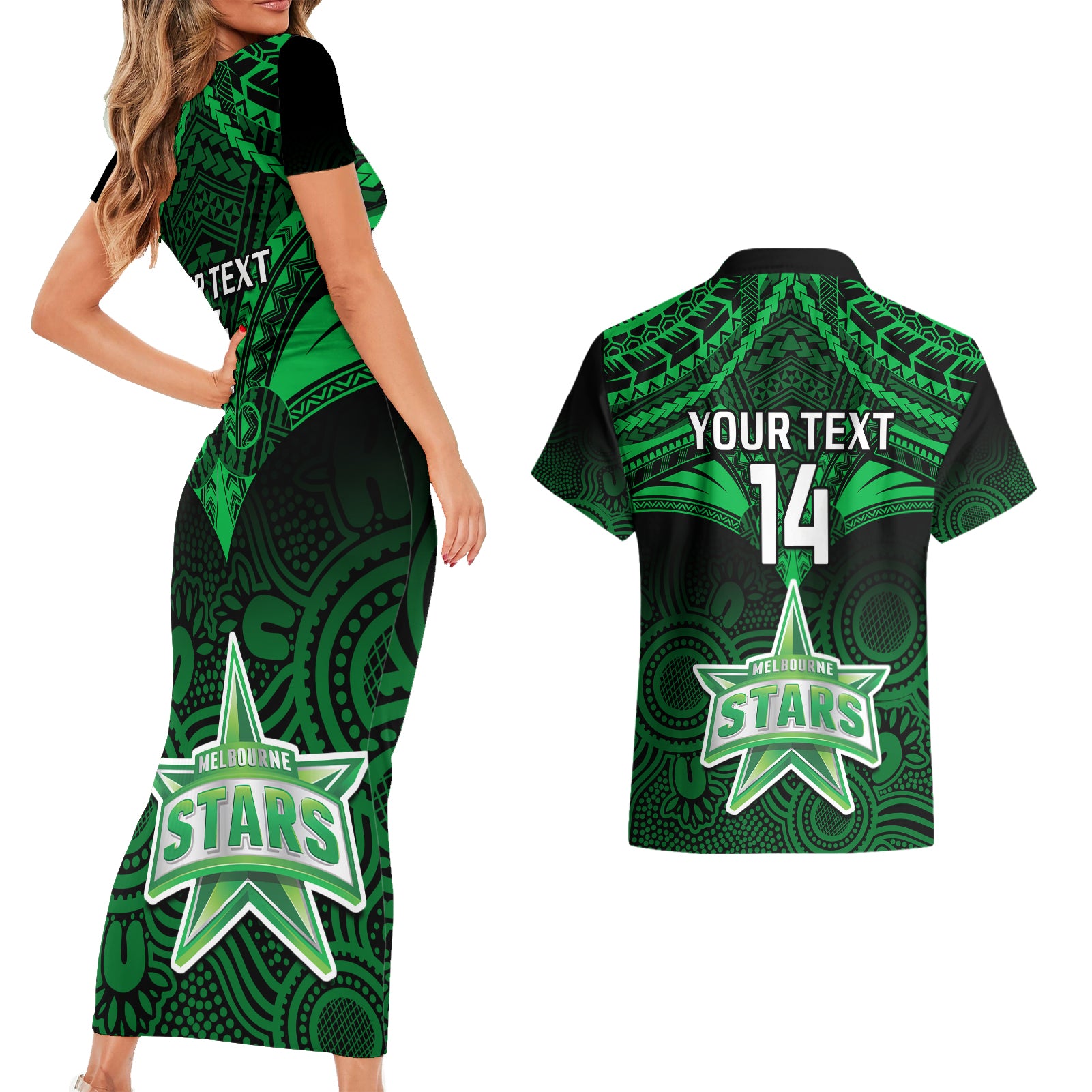 custom-melbourne-stars-cricket-couples-matching-short-sleeve-bodycon-dress-and-hawaiian-shirt-2023-unique-indigenous-art-mix-polynesian-pattern