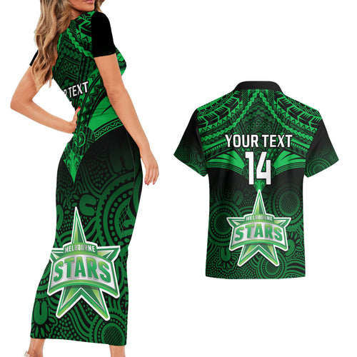custom-melbourne-stars-cricket-couples-matching-short-sleeve-bodycon-dress-and-hawaiian-shirt-2023-unique-indigenous-art-mix-polynesian-pattern