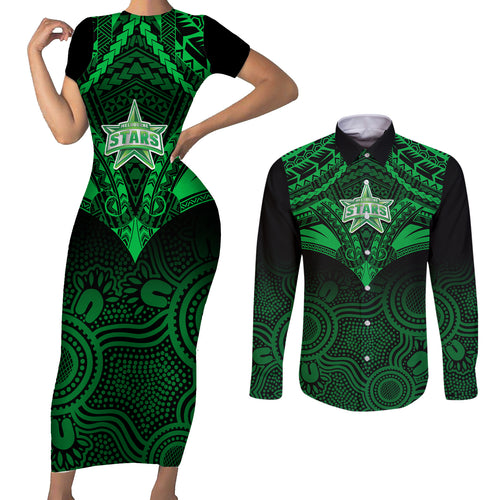 custom-melbourne-stars-cricket-couples-matching-short-sleeve-bodycon-dress-and-long-sleeve-button-shirts-2023-unique-indigenous-art-mix-polynesian-pattern