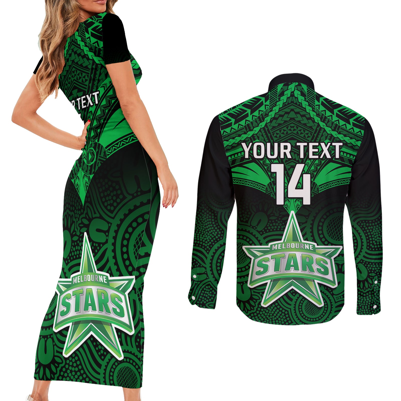 custom-melbourne-stars-cricket-couples-matching-short-sleeve-bodycon-dress-and-long-sleeve-button-shirts-2023-unique-indigenous-art-mix-polynesian-pattern