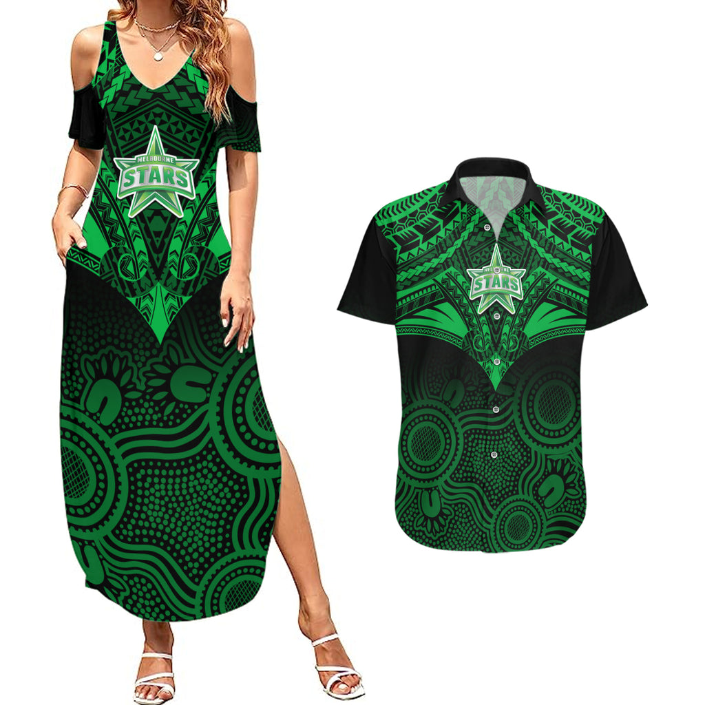 custom-melbourne-stars-cricket-couples-matching-summer-maxi-dress-and-hawaiian-shirt-2023-unique-indigenous-art-mix-polynesian-pattern