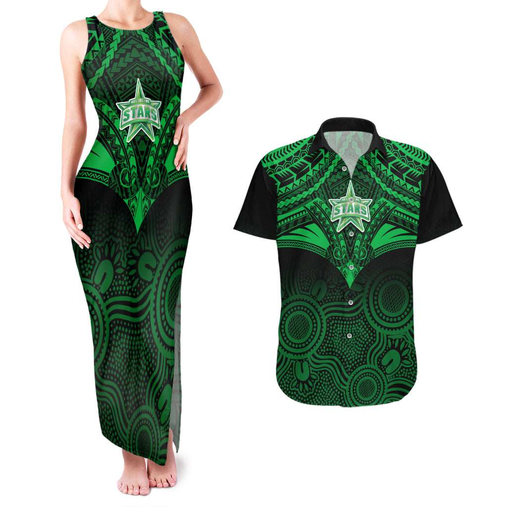 custom-melbourne-stars-cricket-couples-matching-tank-maxi-dress-and-hawaiian-shirt-2023-unique-indigenous-art-mix-polynesian-pattern