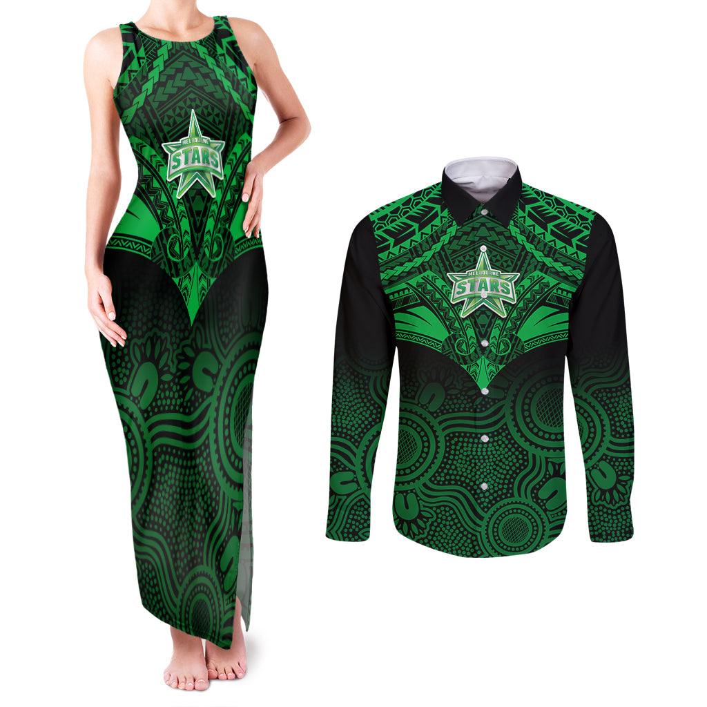 custom-melbourne-stars-cricket-couples-matching-tank-maxi-dress-and-long-sleeve-button-shirts-2023-unique-indigenous-art-mix-polynesian-pattern
