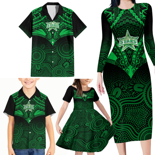custom-melbourne-stars-cricket-family-matching-long-sleeve-bodycon-dress-and-hawaiian-shirt-2023-unique-indigenous-art-mix-polynesian-pattern