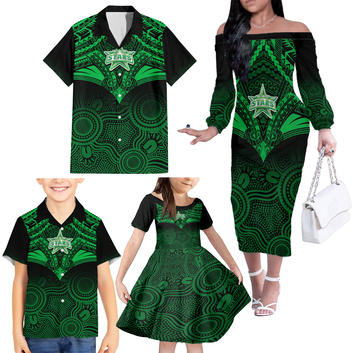 Custom Melbourne Stars Cricket Family Matching Off Shoulder Long Sleeve Dress and Hawaiian Shirt 2023 Unique Indigenous Art Mix Polynesian Pattern LT14