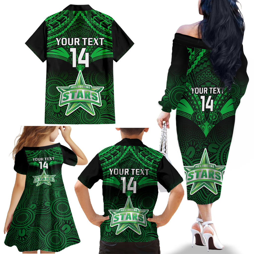 Custom Melbourne Stars Cricket Family Matching Off Shoulder Long Sleeve Dress and Hawaiian Shirt 2023 Unique Indigenous Art Mix Polynesian Pattern LT14