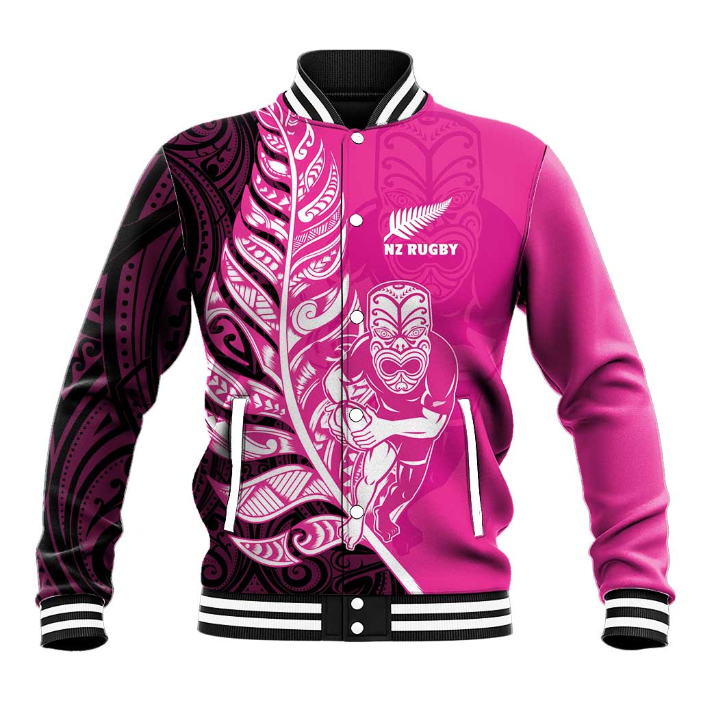 New Zealand Silver Fern Rugby Custom Baseball Jacket All Black Maori Pattern Pink - Aussie Hoodie