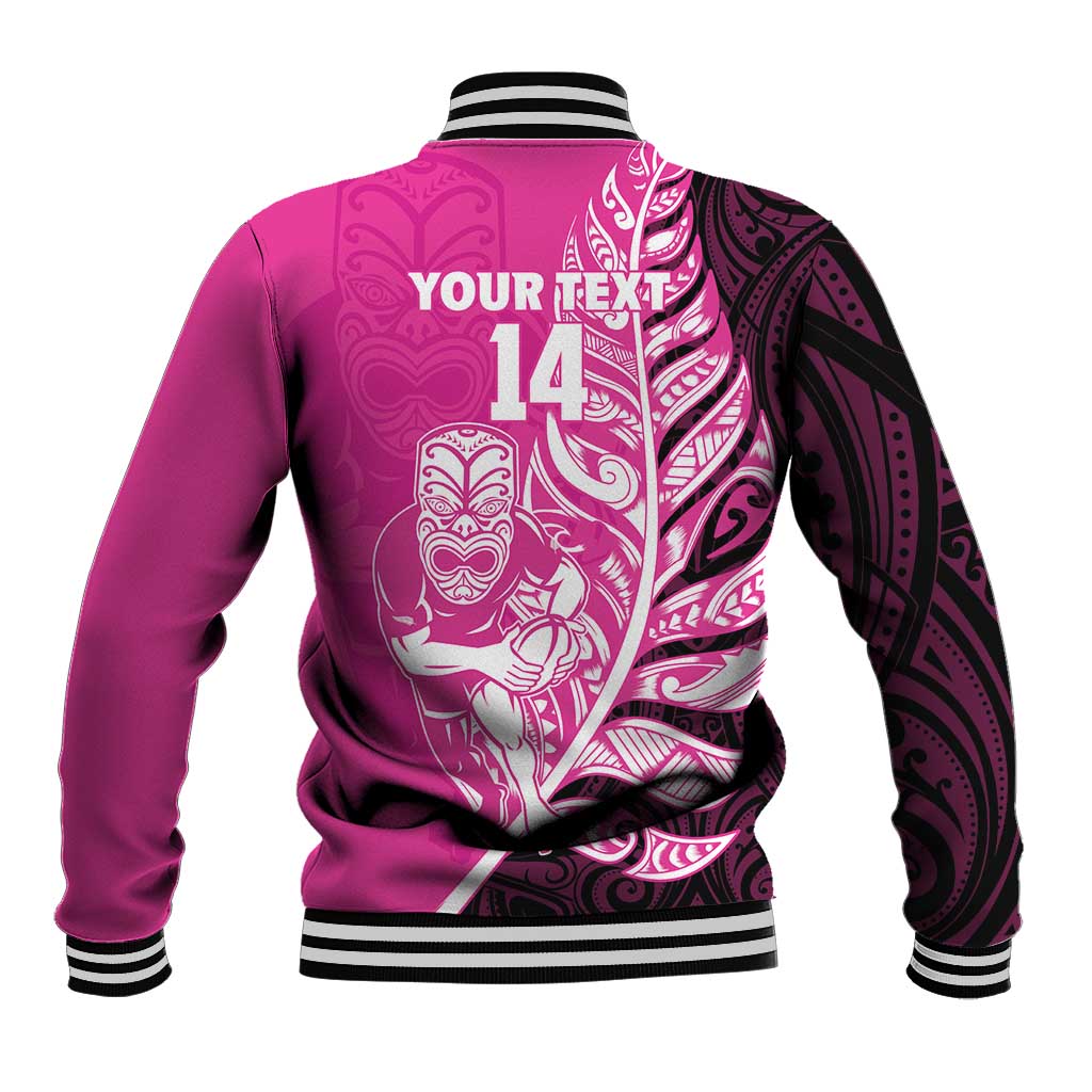 New Zealand Silver Fern Rugby Custom Baseball Jacket All Black Maori Pattern Pink - Aussie Hoodie