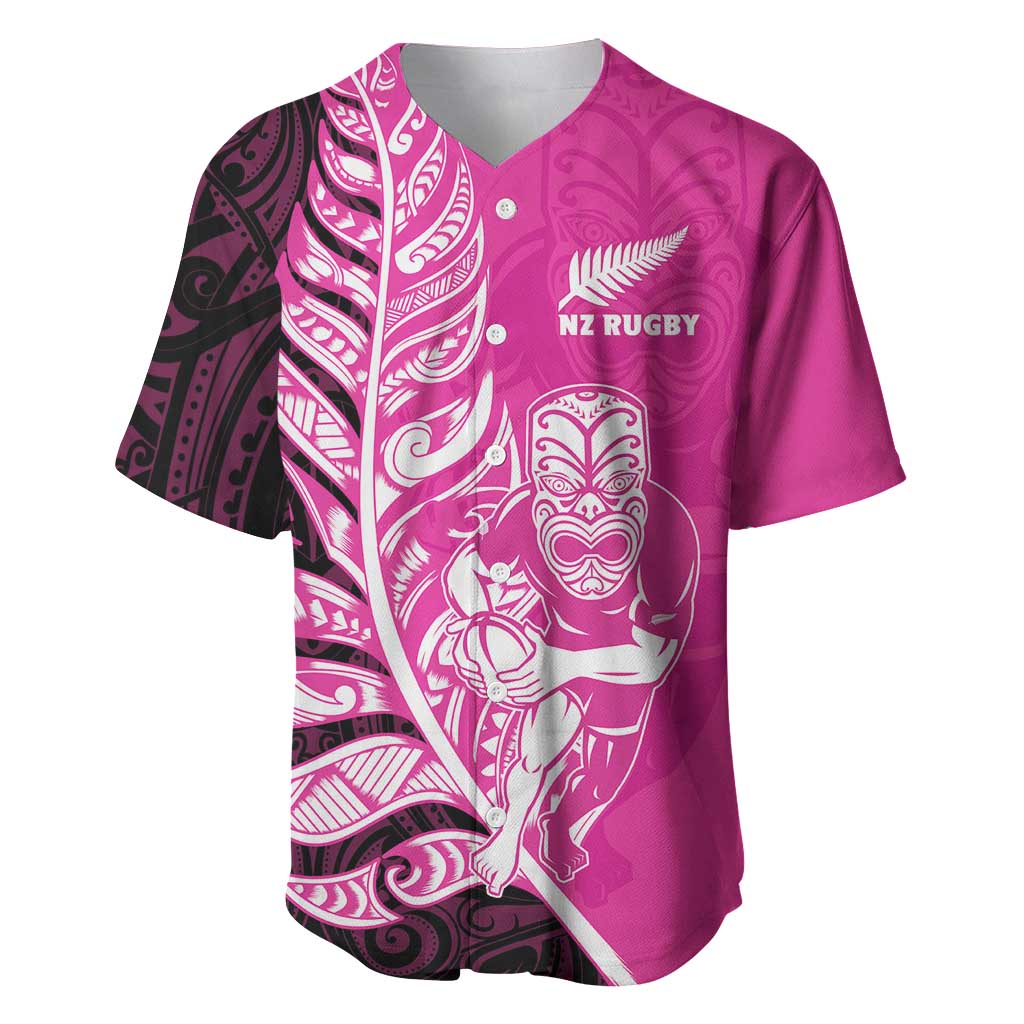 New Zealand Silver Fern Rugby Custom Baseball Jersey All Black Maori Pattern Pink - Aussie Hoodie