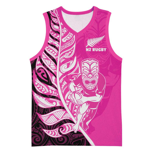 New Zealand Silver Fern Rugby Custom Basketball Jersey All Black Maori Pattern Pink - Aussie Hoodie